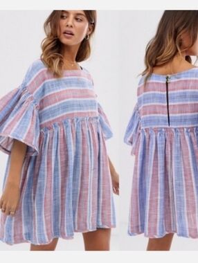 Free People Striped Dress in Blue, Peach & Pink